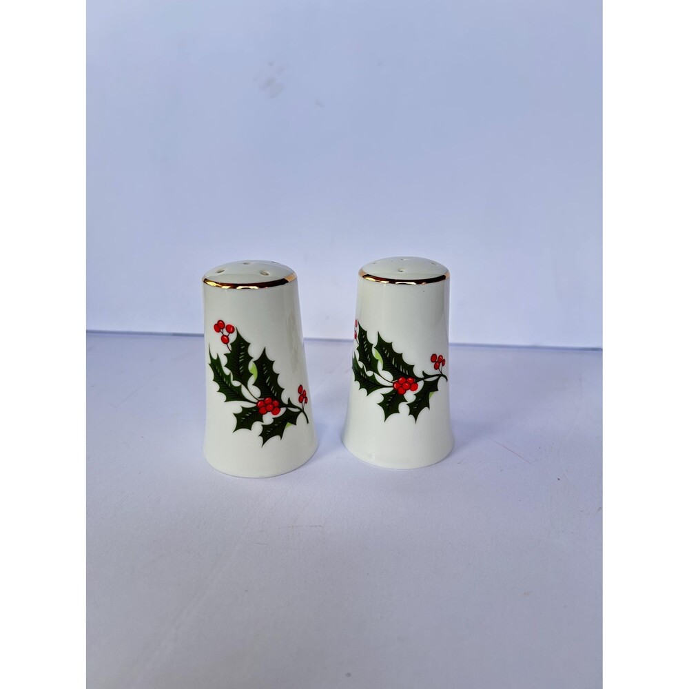 Vintage Porcelain Christmas Holly Salt and Pepper Shakers, Set of 2 | Gold Trim